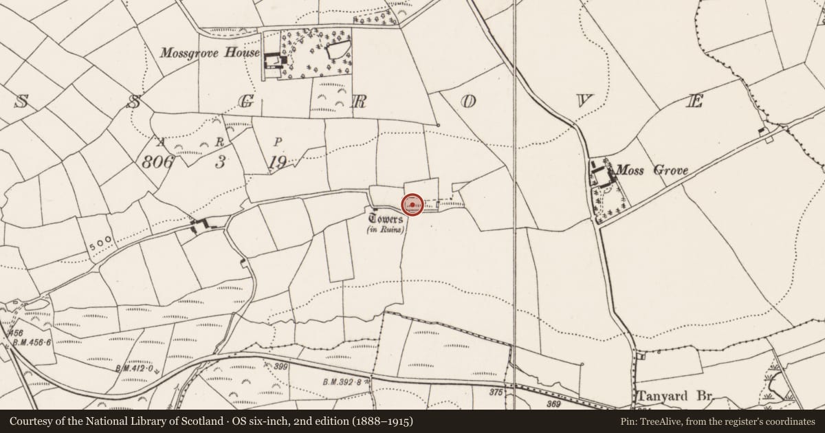 Ordnance Survey six-inch map, 2nd edition (1888–1915) covering the location of House - fortified house, Mossgrove, County Cork, with a pin at the register's coordinates