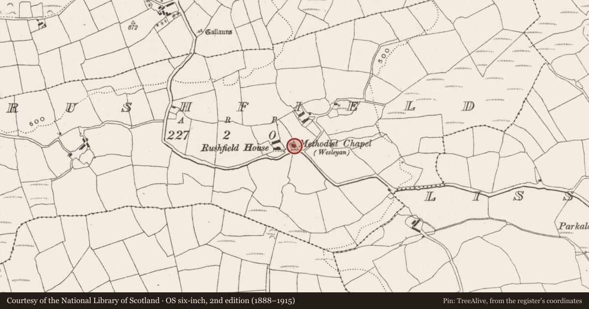 Ordnance Survey six-inch map, 2nd edition (1888–1915) covering the location of Church, Rushfield, County Cork, with a pin at the register's coordinates