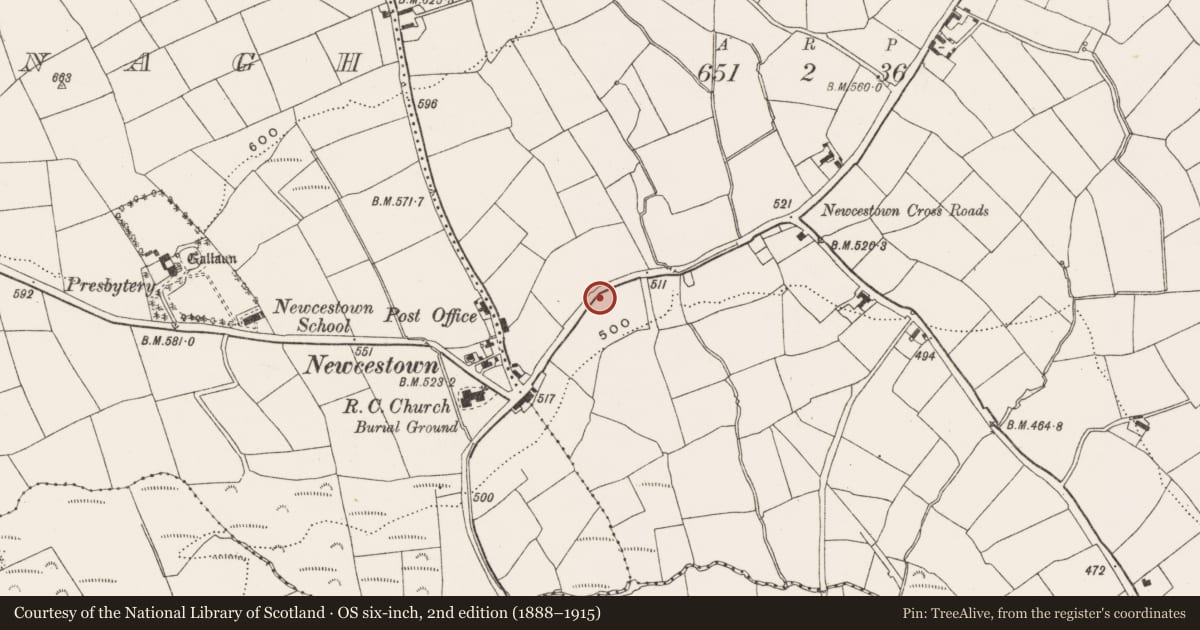 Ordnance Survey six-inch map, 2nd edition (1888–1915) covering the location of Souterrain, Newcestown, County Cork, with a pin at the register's coordinates
