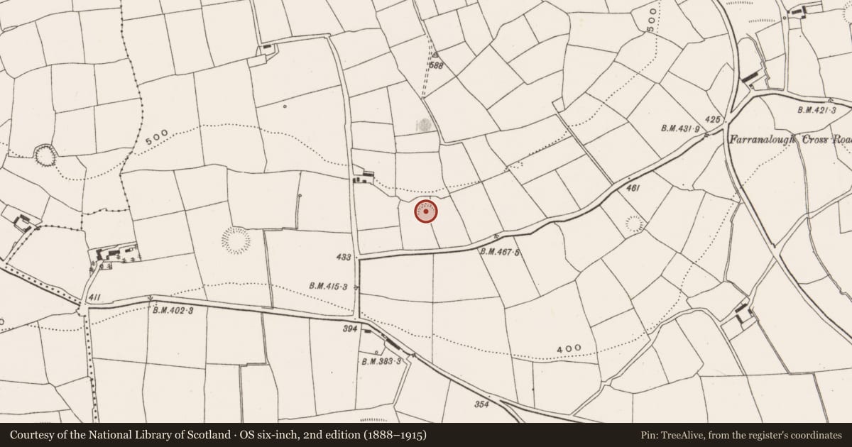 Ordnance Survey six-inch map, 2nd edition (1888–1915) covering the location of Ringfort - rath, Farranalough, County Cork, with a pin at the register's coordinates