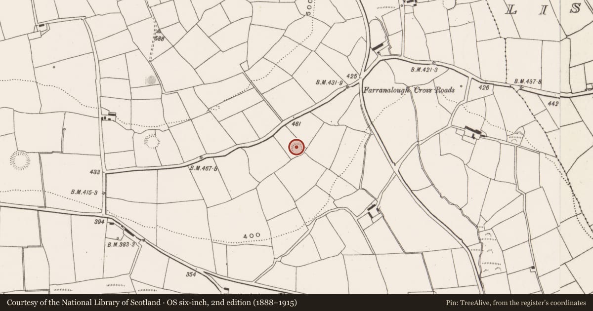 Ordnance Survey six-inch map, 2nd edition (1888–1915) covering the location of Ringfort - rath, Farranalough, County Cork, with a pin at the register's coordinates