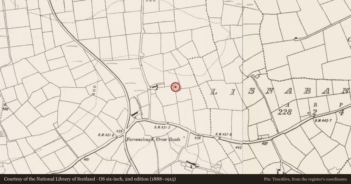 Ordnance Survey six-inch map, 2nd edition (1888–1915) covering the location of Ringfort - rath, Farranalough, County Cork, with a pin at the register's coordinates