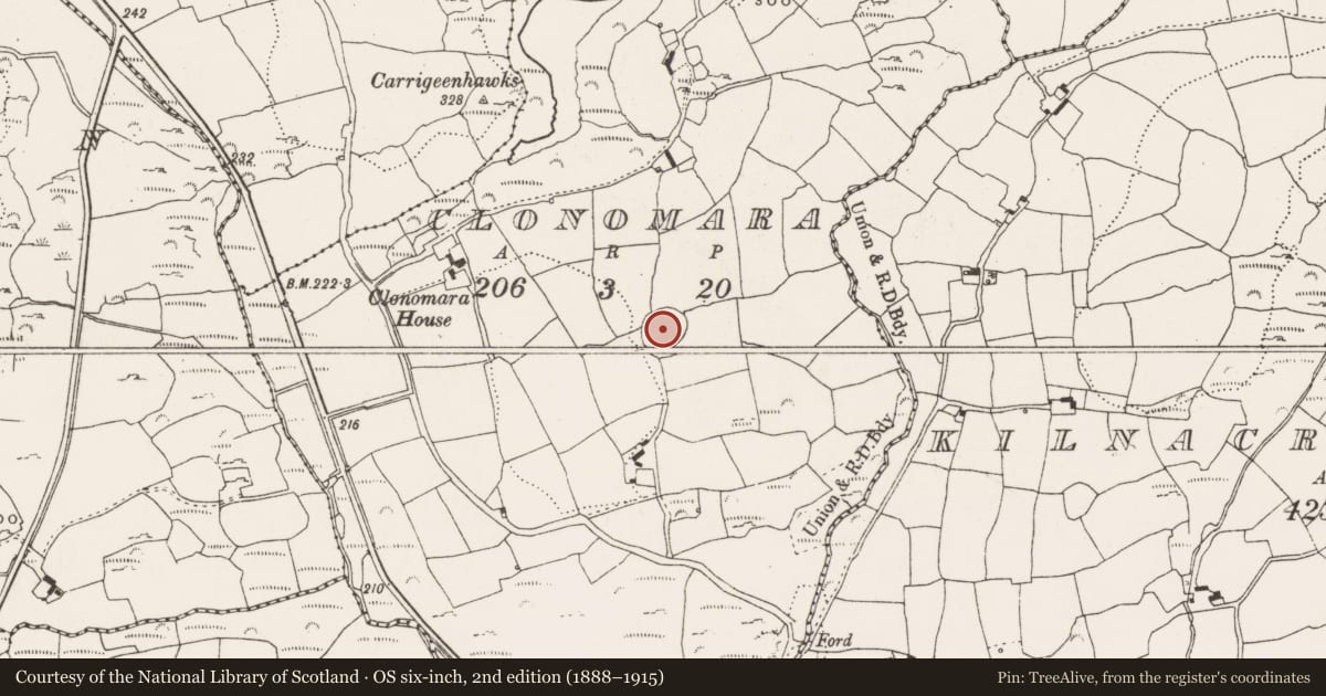 Ordnance Survey six-inch map, 2nd edition (1888–1915) covering the location of Ringfort - cashel, Clonomara, County Cork, with a pin at the register's coordinates