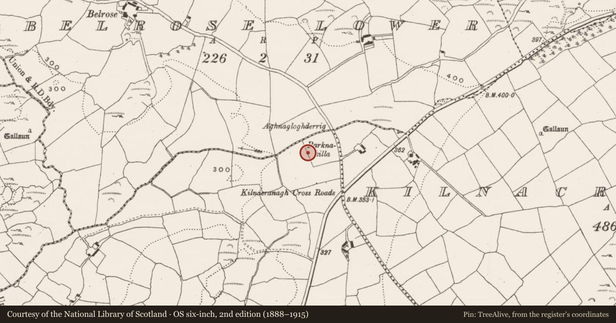 Ordnance Survey six-inch map, 2nd edition (1888–1915) covering the location of Souterrain, Kilnacranagh West, County Cork, with a pin at the register's coordinates