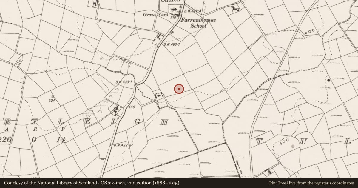 Ordnance Survey six-inch map, 2nd edition (1888–1915) covering the location of Souterrain, Farranthomas, County Cork, with a pin at the register's coordinates