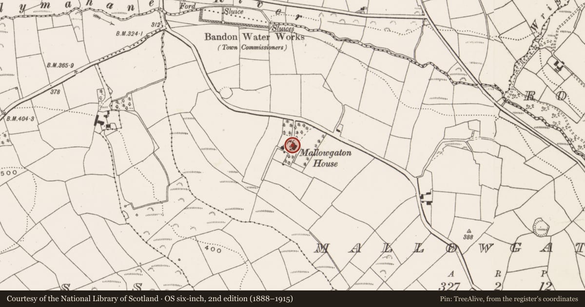 Ordnance Survey six-inch map, 2nd edition (1888–1915) covering the location of Country house, Mallowgaton, County Cork, with a pin at the register's coordinates