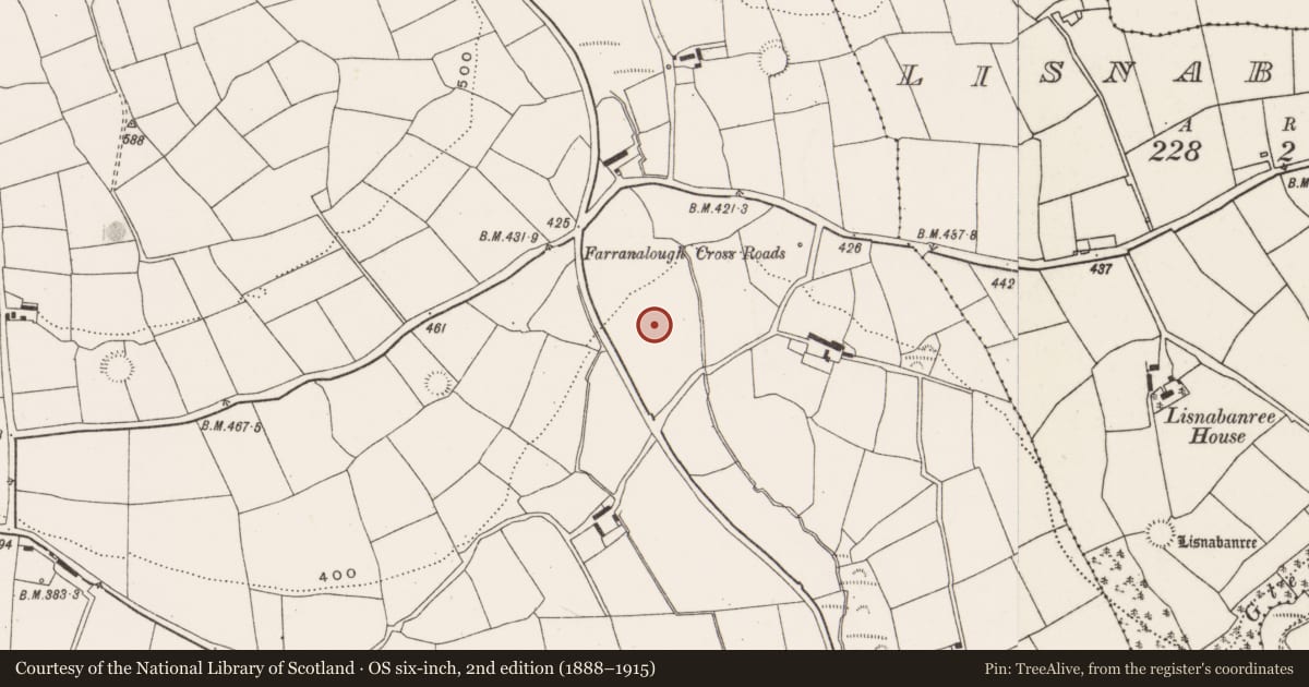 Ordnance Survey six-inch map, 2nd edition (1888–1915) covering the location of Fulacht fia, Farranalough, County Cork, with a pin at the register's coordinates
