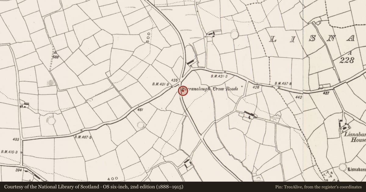 Ordnance Survey six-inch map, 2nd edition (1888–1915) covering the location of Fulacht fia, Farranalough, County Cork, with a pin at the register's coordinates
