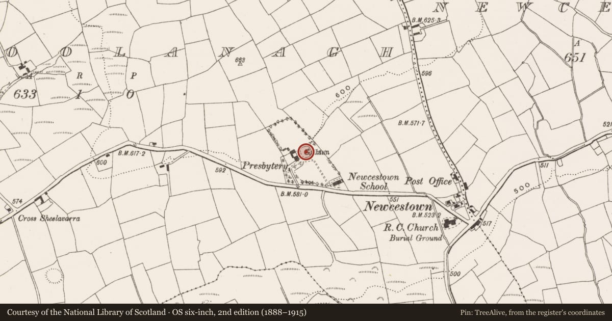 Ordnance Survey six-inch map, 2nd edition (1888–1915) covering the location of Souterrain, Coolanagh, County Cork, with a pin at the register's coordinates