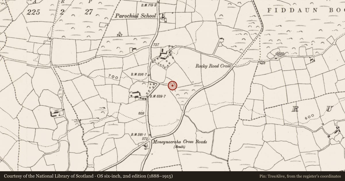 Ordnance Survey six-inch map, 2nd edition (1888–1915) covering the location of Mound, Moneynacroha, County Cork, with a pin at the register's coordinates