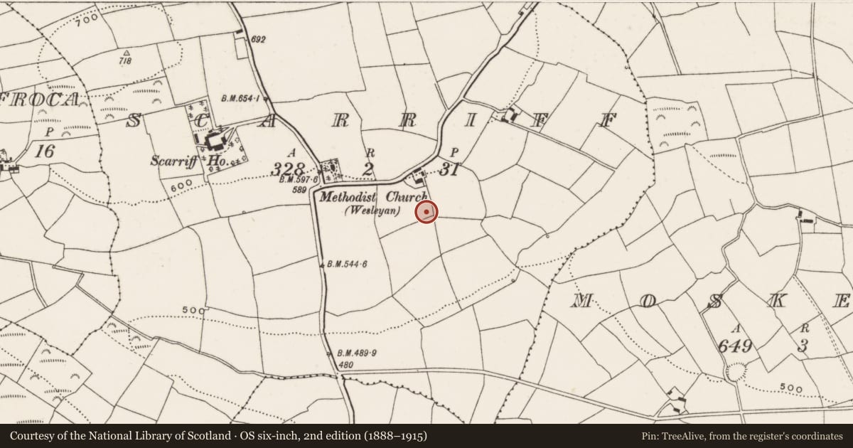 Ordnance Survey six-inch map, 2nd edition (1888–1915) covering the location of Ringfort - rath, Scarriff, County Cork, with a pin at the register's coordinates