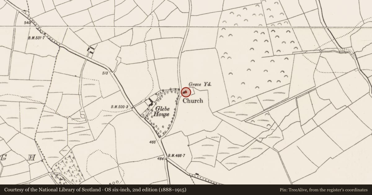 Ordnance Survey six-inch map, 2nd edition (1888–1915) covering the location of Church, Garranes, County Cork, with a pin at the register's coordinates