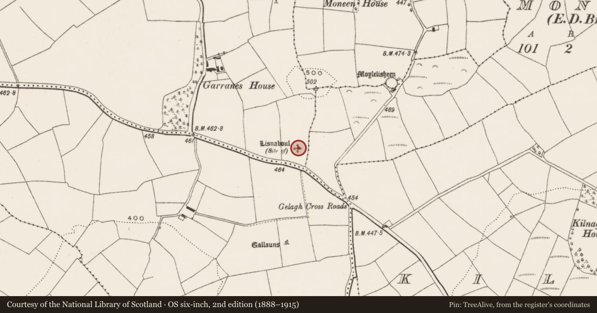 Ordnance Survey six-inch map, 2nd edition (1888–1915) covering the location of Ringfort - rath, Garranes, County Cork, with a pin at the register's coordinates