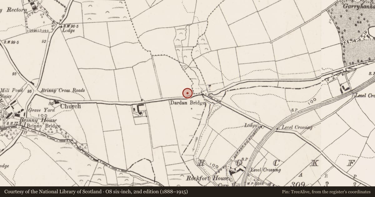 Ordnance Survey six-inch map, 2nd edition (1888–1915) covering the location of Moated site, Brinny, County Cork, with a pin at the register's coordinates