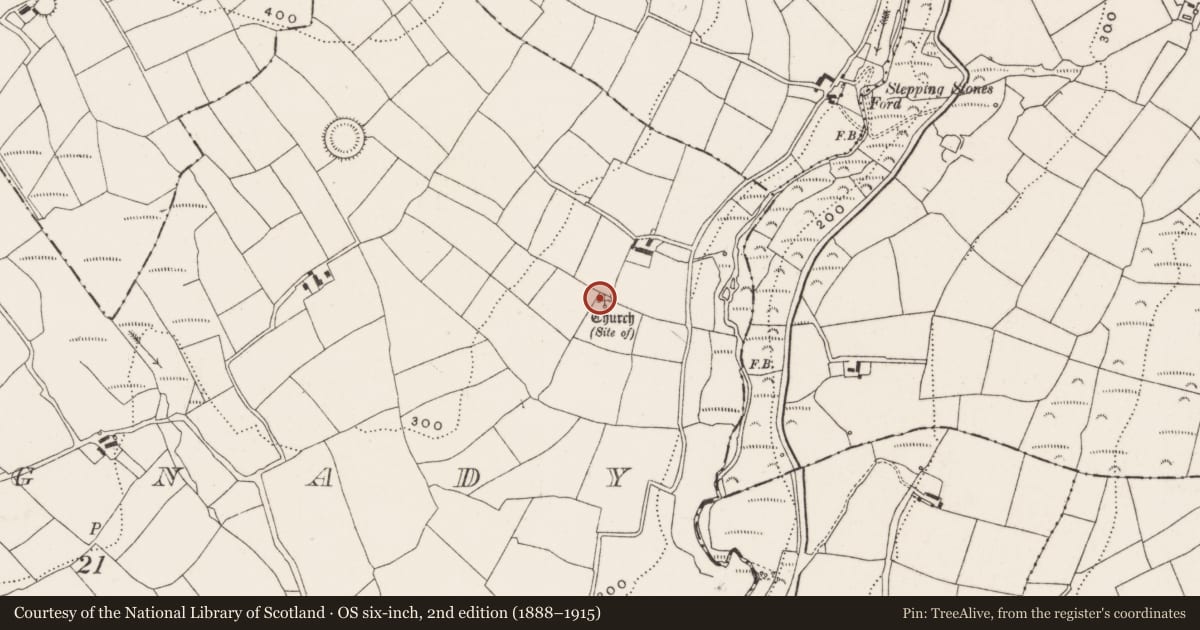 Ordnance Survey six-inch map, 2nd edition (1888–1915) covering the location of Church, Kilnagnady, County Cork, with a pin at the register's coordinates