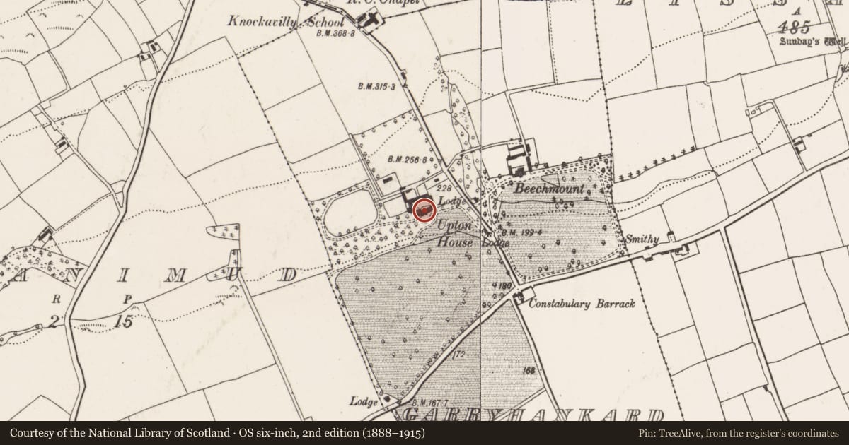 Ordnance Survey six-inch map, 2nd edition (1888–1915) covering the location of Country house, Garryhankard, County Cork, with a pin at the register's coordinates