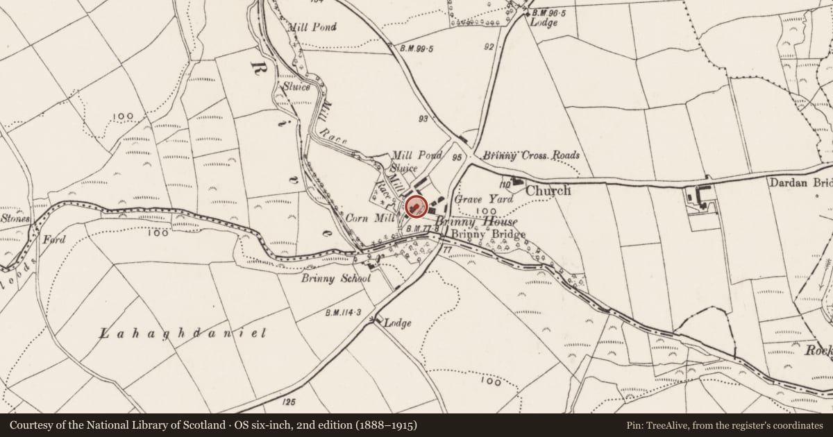Ordnance Survey six-inch map, 2nd edition (1888–1915) covering the location of Mill - corn, Brinny, County Cork, with a pin at the register's coordinates