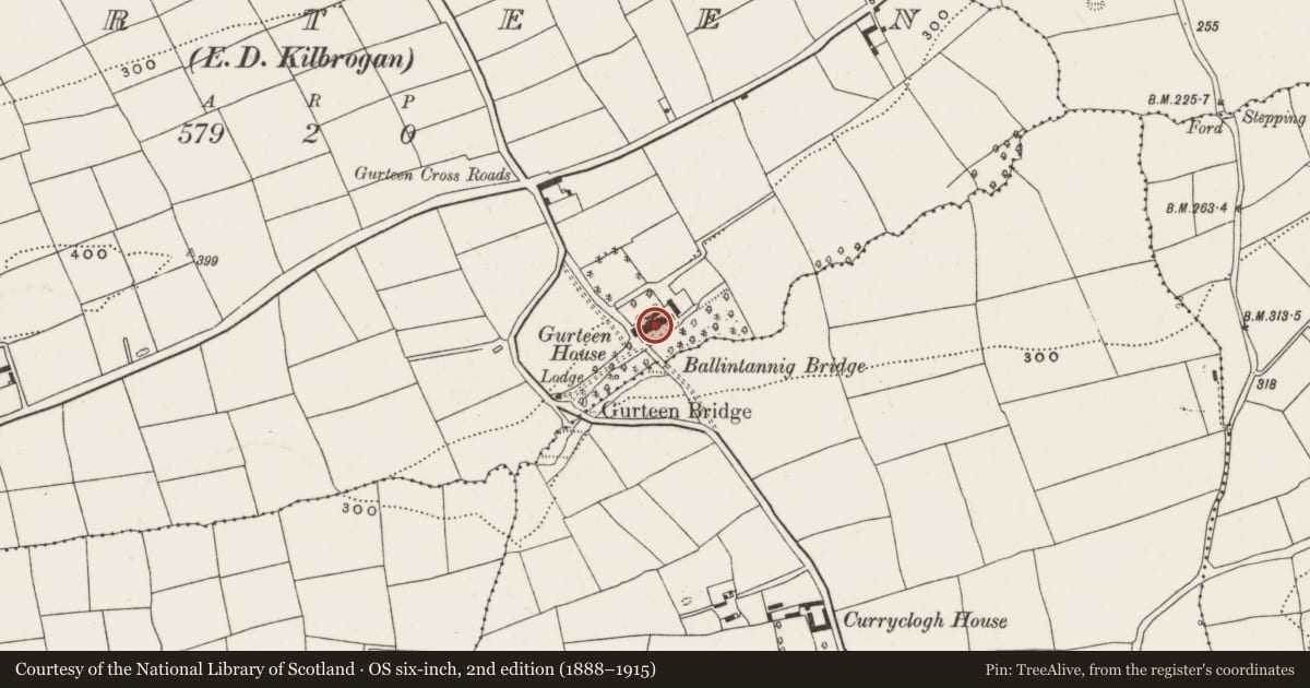 Ordnance Survey six-inch map, 2nd edition (1888–1915) covering the location of Country house, Gurteen (Kinalmeaky By., Kilbrogan Par.), County Cork, with a pin at the register's coordinates