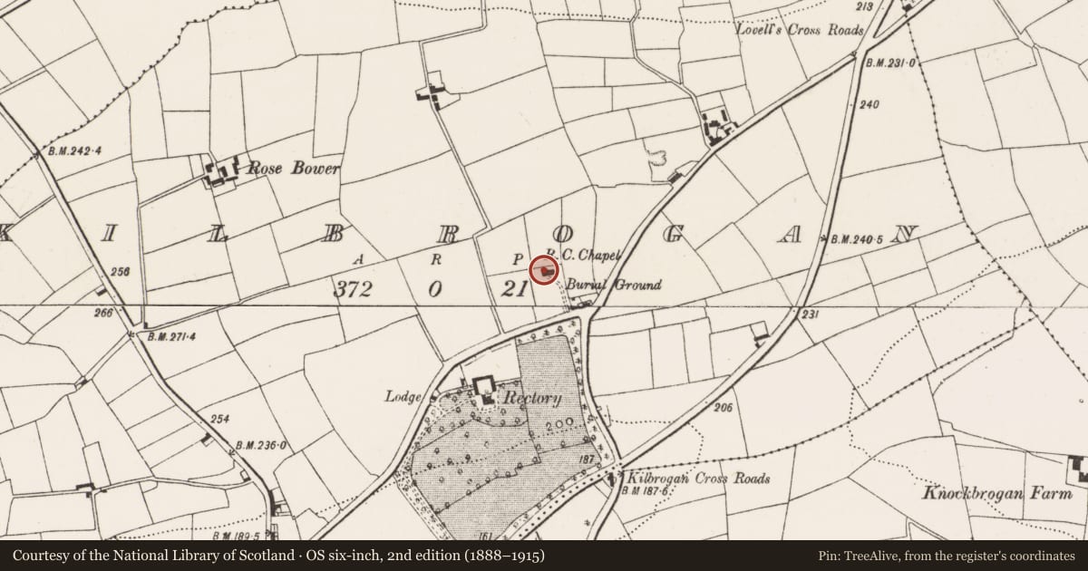 Ordnance Survey six-inch map, 2nd edition (1888–1915) covering the location of Church, Kilbrogan, County Cork, with a pin at the register's coordinates