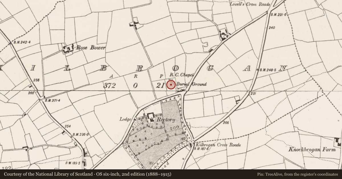 Ordnance Survey six-inch map, 2nd edition (1888–1915) covering the location of Graveyard, Kilbrogan, County Cork, with a pin at the register's coordinates