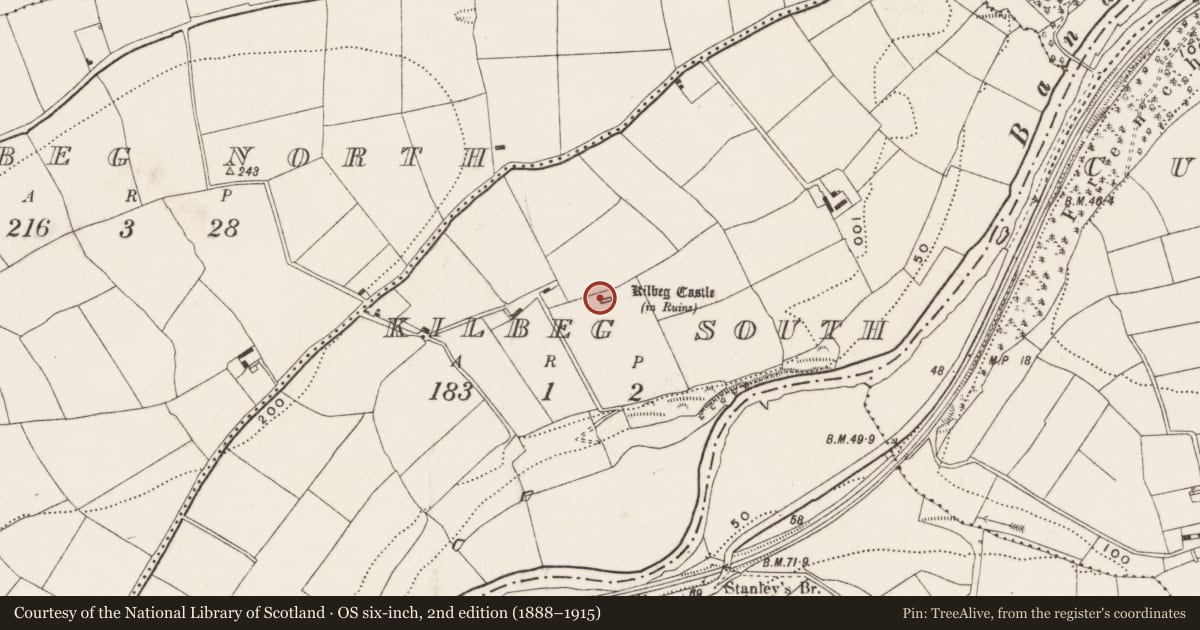 Ordnance Survey six-inch map, 2nd edition (1888–1915) covering the location of Castle - unclassified, Kilbeg South, County Cork, with a pin at the register's coordinates