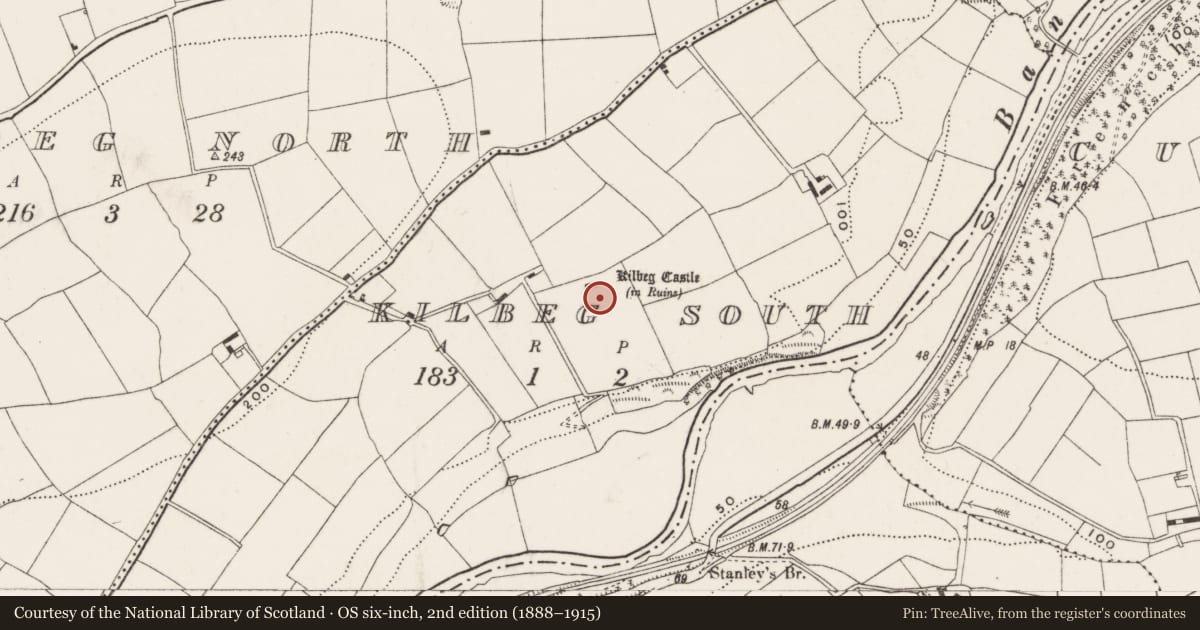 Ordnance Survey six-inch map, 2nd edition (1888–1915) covering the location of Mound, Kilbeg South, County Cork, with a pin at the register's coordinates