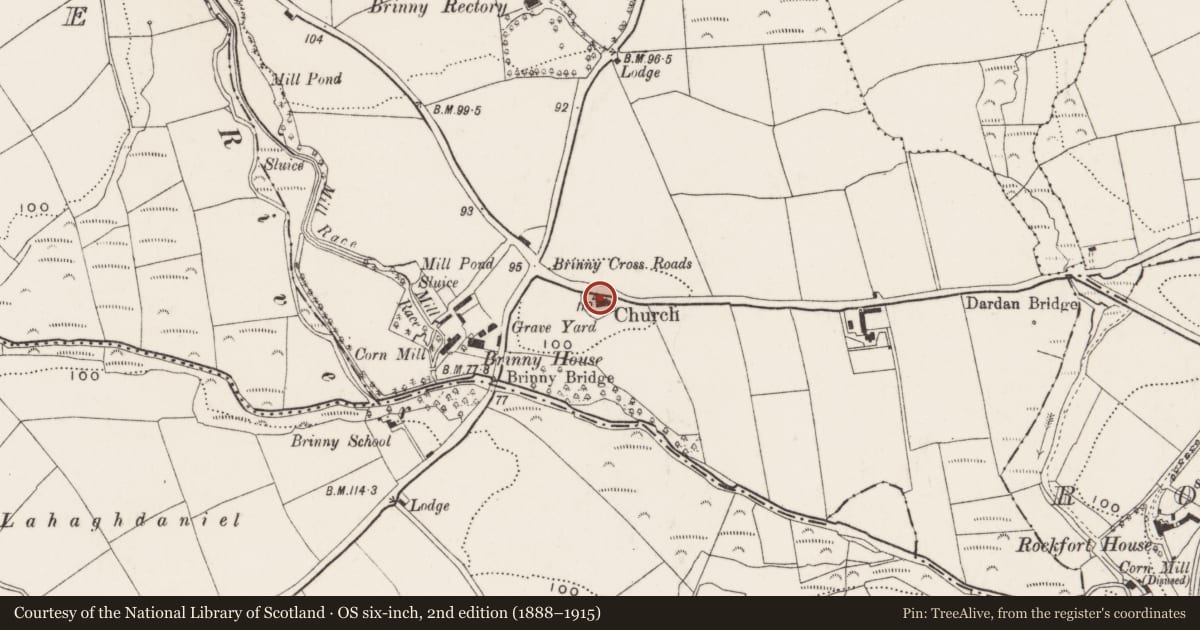 Ordnance Survey six-inch map, 2nd edition (1888–1915) covering the location of Church, Brinny, County Cork, with a pin at the register's coordinates
