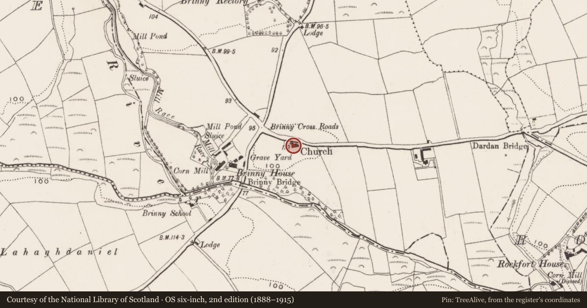 Ordnance Survey six-inch map, 2nd edition (1888–1915) covering the location of Graveyard, Brinny, County Cork, with a pin at the register's coordinates