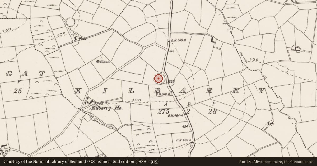 Ordnance Survey six-inch map, 2nd edition (1888–1915) covering the location of Souterrain, Kilbarry, County Cork, with a pin at the register's coordinates
