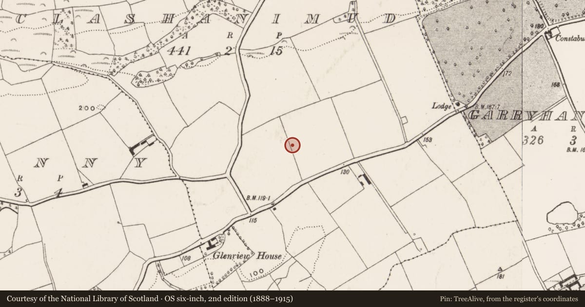 Ordnance Survey six-inch map, 2nd edition (1888–1915) covering the location of Souterrain, Clashanimud, County Cork, with a pin at the register's coordinates