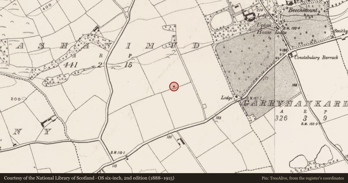 Ordnance Survey six-inch map, 2nd edition (1888–1915) covering the location of Ringfort - rath, Clashanimud, County Cork, with a pin at the register's coordinates