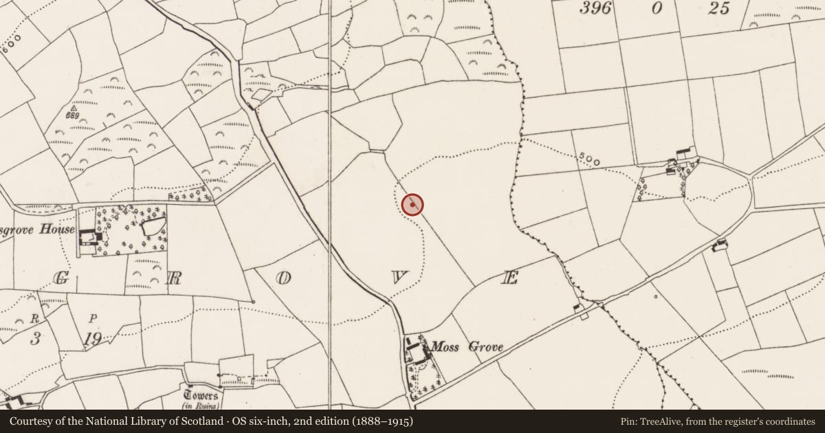 Ordnance Survey six-inch map, 2nd edition (1888–1915) covering the location of Fulacht fia, Mossgrove, County Cork, with a pin at the register's coordinates