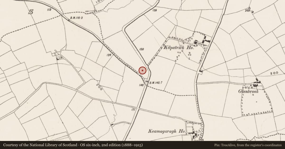 Ordnance Survey six-inch map, 2nd edition (1888–1915) covering the location of Fulacht fia, Kilpatrick, County Cork, with a pin at the register's coordinates
