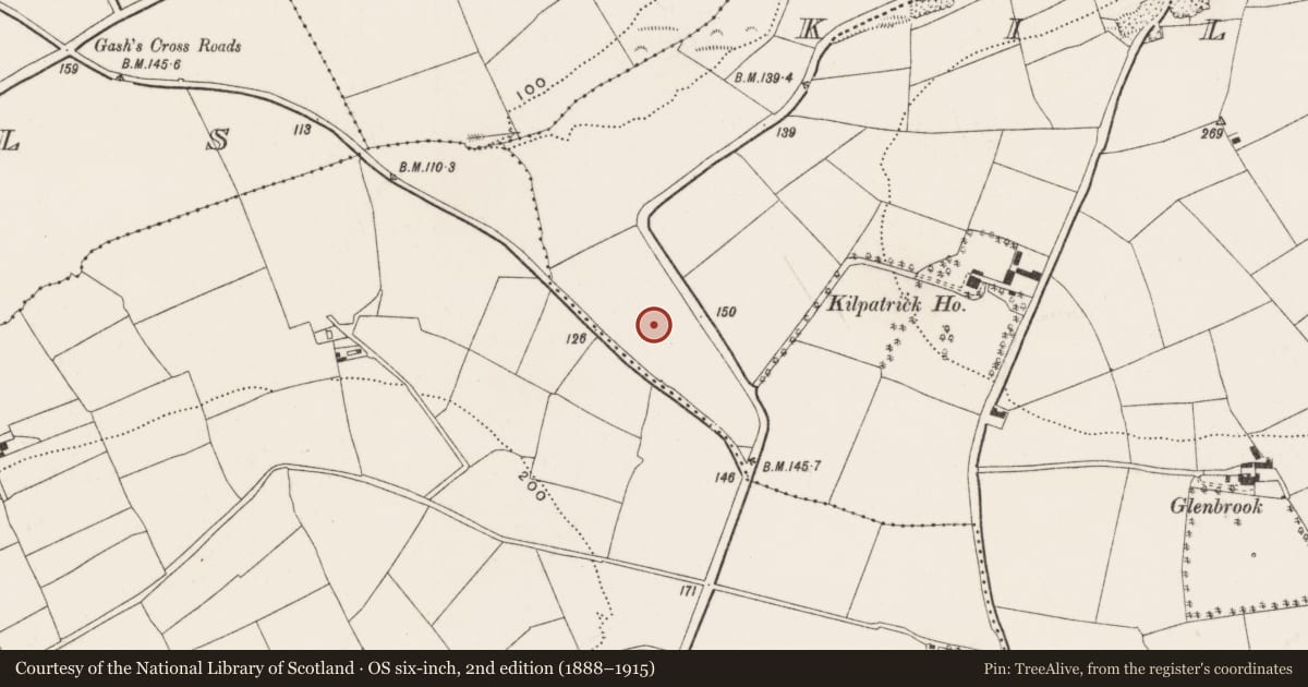 Ordnance Survey six-inch map, 2nd edition (1888–1915) covering the location of Fulacht fia, Kilpatrick, County Cork, with a pin at the register's coordinates