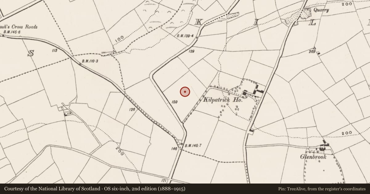 Ordnance Survey six-inch map, 2nd edition (1888–1915) covering the location of Ringfort - rath, Kilpatrick, County Cork, with a pin at the register's coordinates