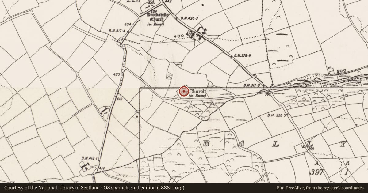 Ordnance Survey six-inch map, 2nd edition (1888–1915) covering the location of Church, Kill, County Cork, with a pin at the register's coordinates