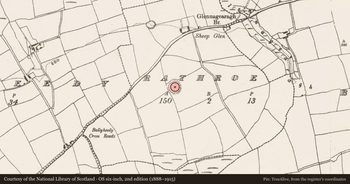 Ordnance Survey six-inch map, 2nd edition (1888–1915) covering the location of Ringfort - rath, Rathroe, County Cork, with a pin at the register's coordinates
