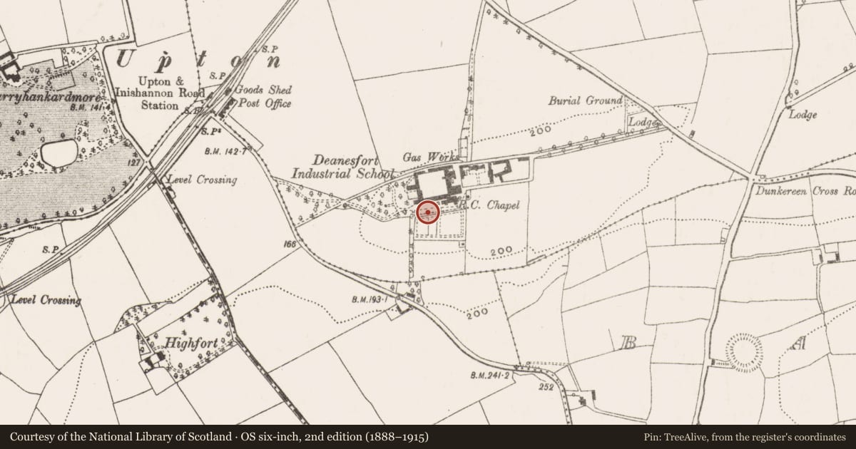 Ordnance Survey six-inch map, 2nd edition (1888–1915) covering the location of Ringfort - rath, Dunkereen, County Cork, with a pin at the register's coordinates