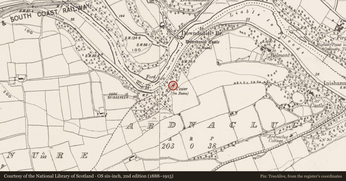 Ordnance Survey six-inch map, 2nd edition (1888–1915) covering the location of Designed landscape - belvedere, Ardnaclug, County Cork, with a pin at the register's coordinates