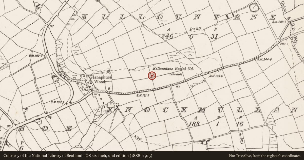 Ordnance Survey six-inch map, 2nd edition (1888–1915) covering the location of Burial ground, Killountane, County Cork, with a pin at the register's coordinates