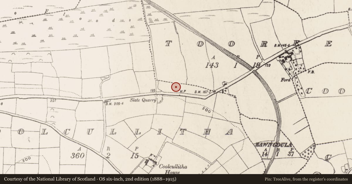 Ordnance Survey six-inch map, 2nd edition (1888–1915) covering the location of Fulacht fia, Coolcullitha, County Cork, with a pin at the register's coordinates