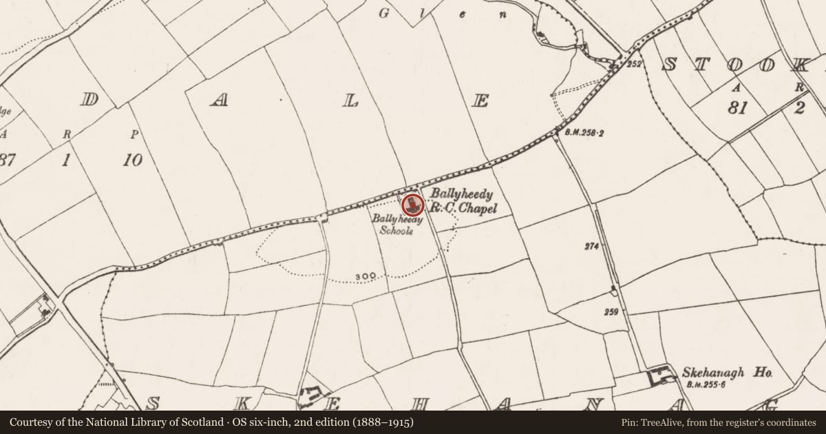 Ordnance Survey six-inch map, 2nd edition (1888–1915) covering the location of Church, Skehanagh, County Cork, with a pin at the register's coordinates
