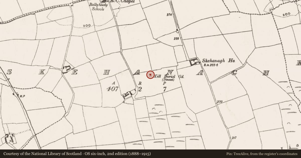Ordnance Survey six-inch map, 2nd edition (1888–1915) covering the location of Burial ground, Skehanagh, County Cork, with a pin at the register's coordinates