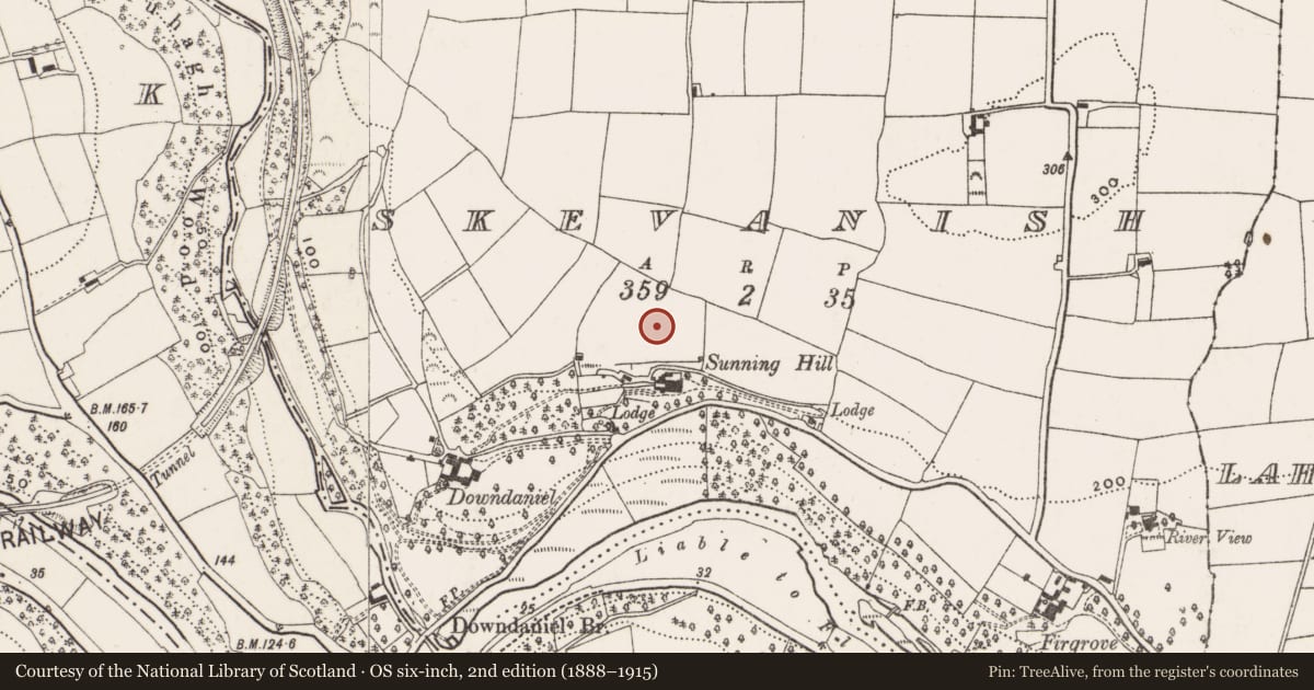 Ordnance Survey six-inch map, 2nd edition (1888–1915) covering the location of Moated site, Skevanish, County Cork, with a pin at the register's coordinates