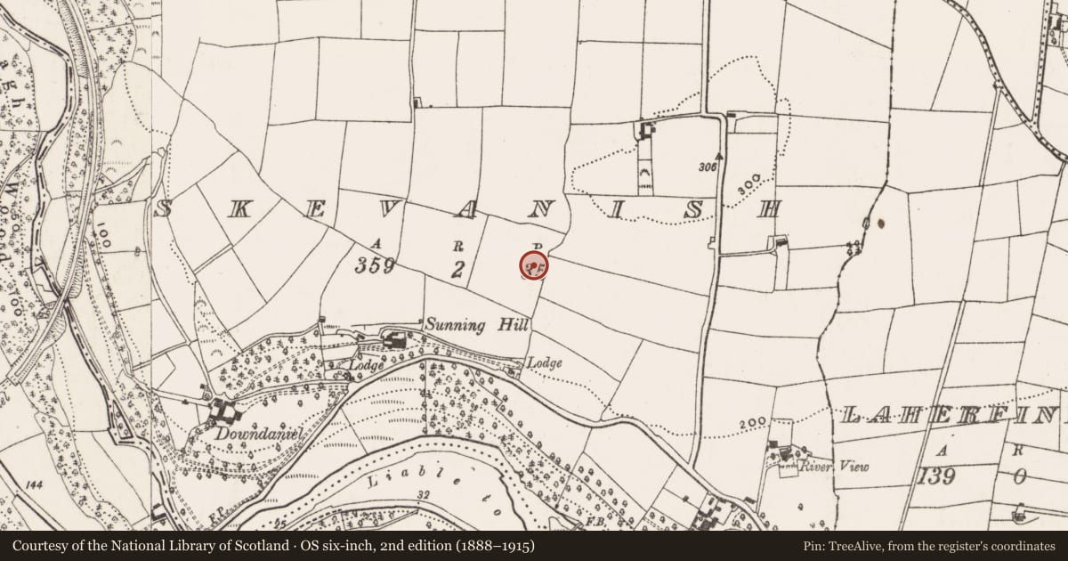 Ordnance Survey six-inch map, 2nd edition (1888–1915) covering the location of Ringfort - rath, Skevanish, County Cork, with a pin at the register's coordinates