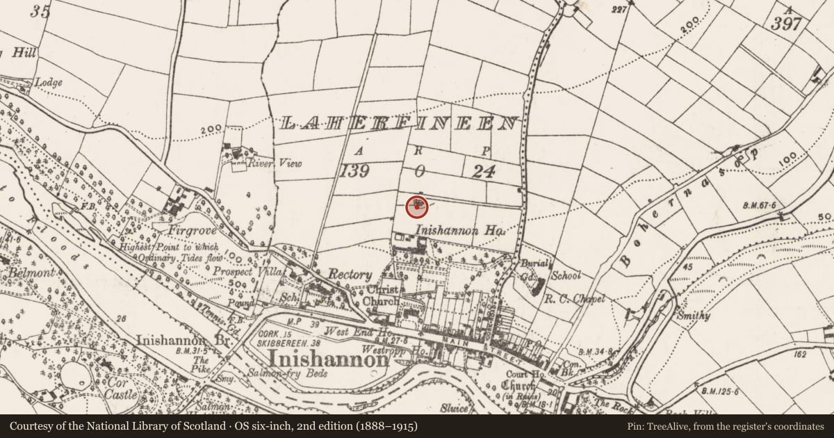 Ordnance Survey six-inch map, 2nd edition (1888–1915) covering the location of Country house, Laherfineen, County Cork, with a pin at the register's coordinates