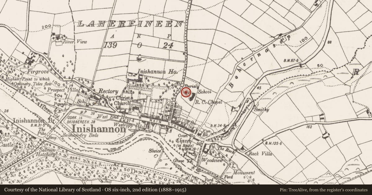 Ordnance Survey six-inch map, 2nd edition (1888–1915) covering the location of Graveyard, Farnahoe, County Cork, with a pin at the register's coordinates