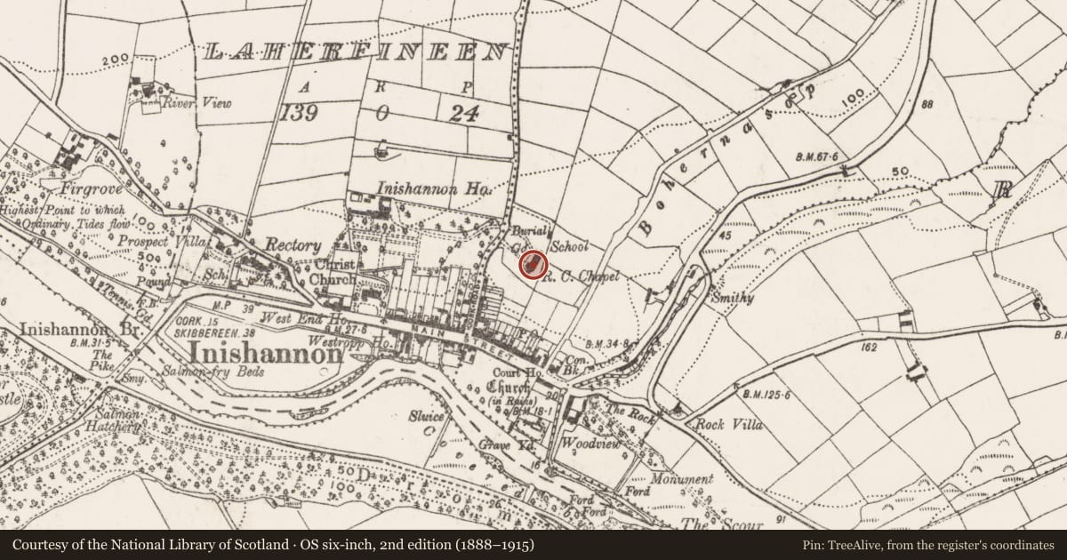 Ordnance Survey six-inch map, 2nd edition (1888–1915) covering the location of Church, Farnahoe, County Cork, with a pin at the register's coordinates