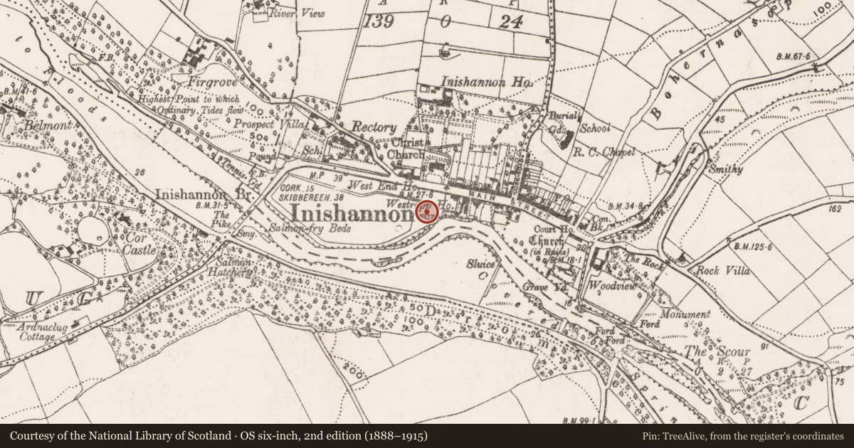 Ordnance Survey six-inch map, 2nd edition (1888–1915) covering the location of Mill - bleaching, Laherfineen, County Cork, with a pin at the register's coordinates