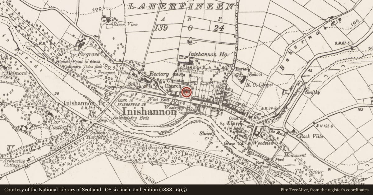 Ordnance Survey six-inch map, 2nd edition (1888–1915) covering the location of Church, Laherfineen, County Cork, with a pin at the register's coordinates